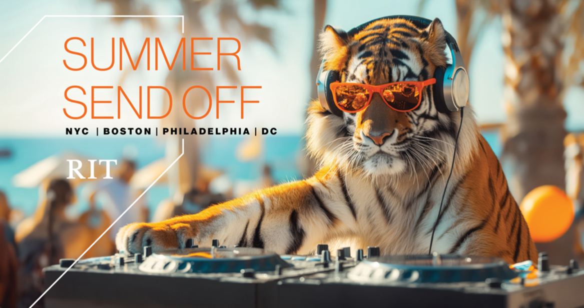 a tiger wearing sunglasses DJs at a summer party