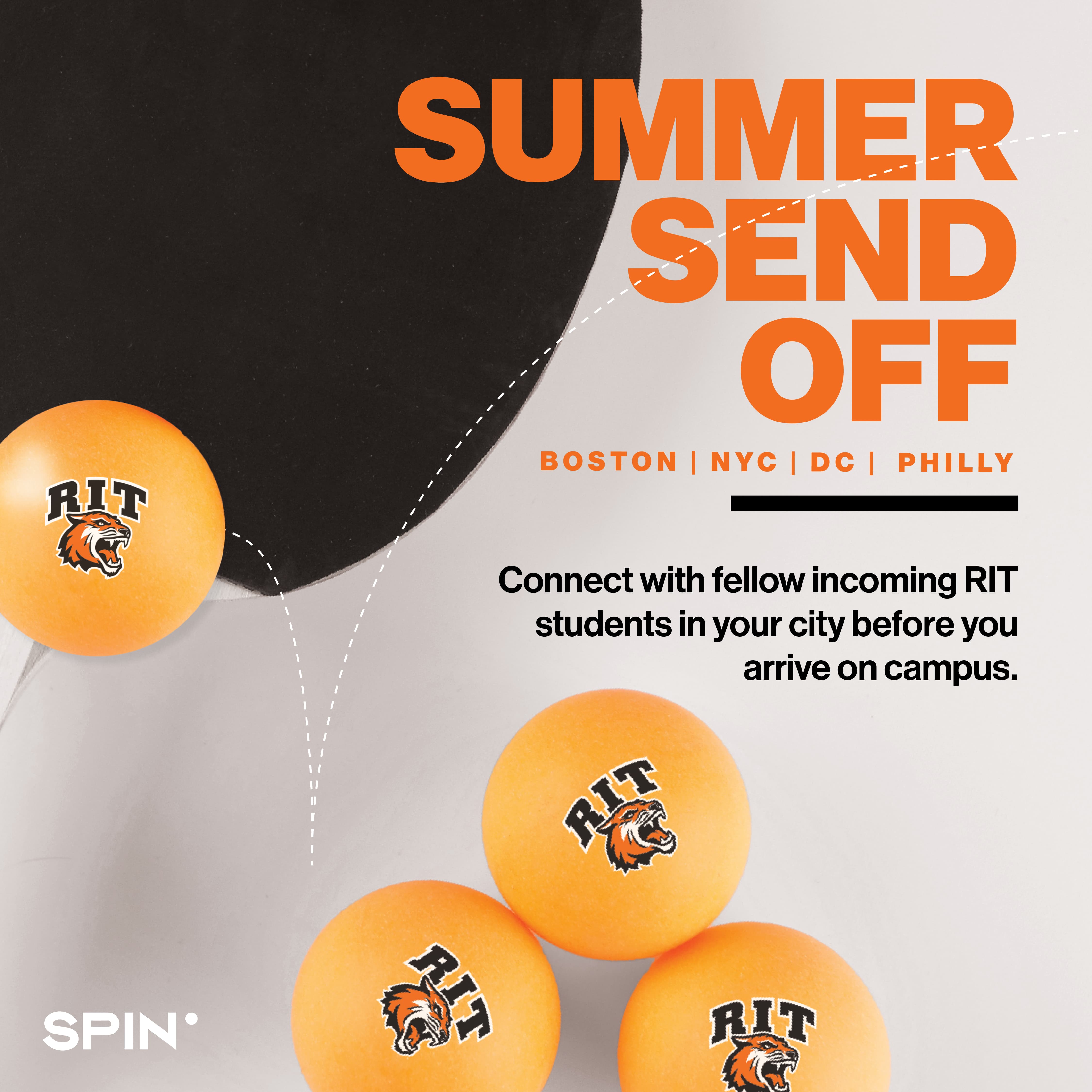 ping pong balls with the R I T logo against a black paddle