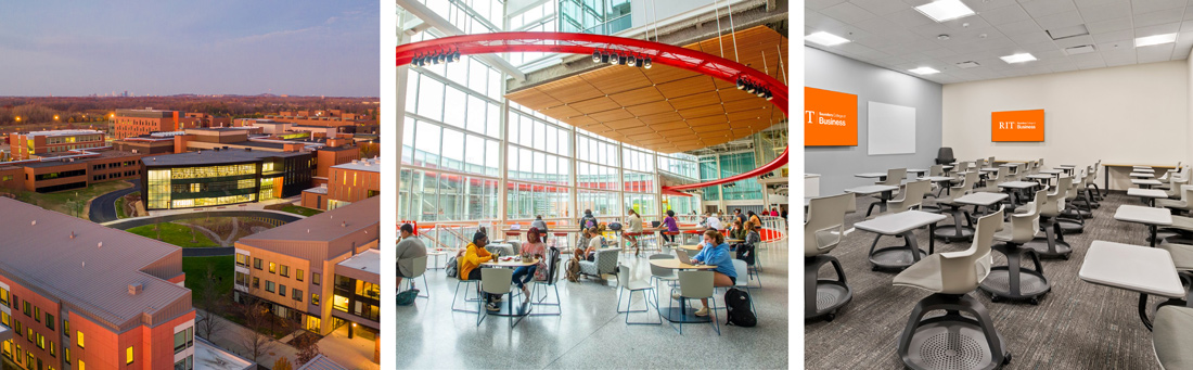 three images of RIT campus - an aerial view of buildings, a view of an atrium with people sitting inside, and a view of a classroom with chairs